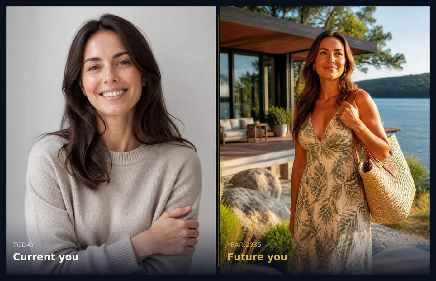 Before and after: a woman's present-day selfie beside a cinematic AI portrait of her future self at a lake house in summer attire.
